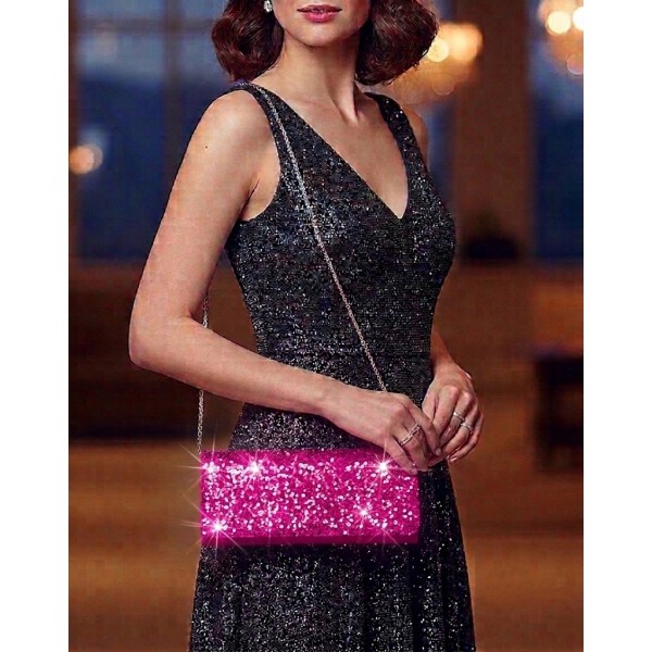 Evening Bag - Sequined Clutch w/Concealable Chain Strap - Fuchsia - BG-90955FU